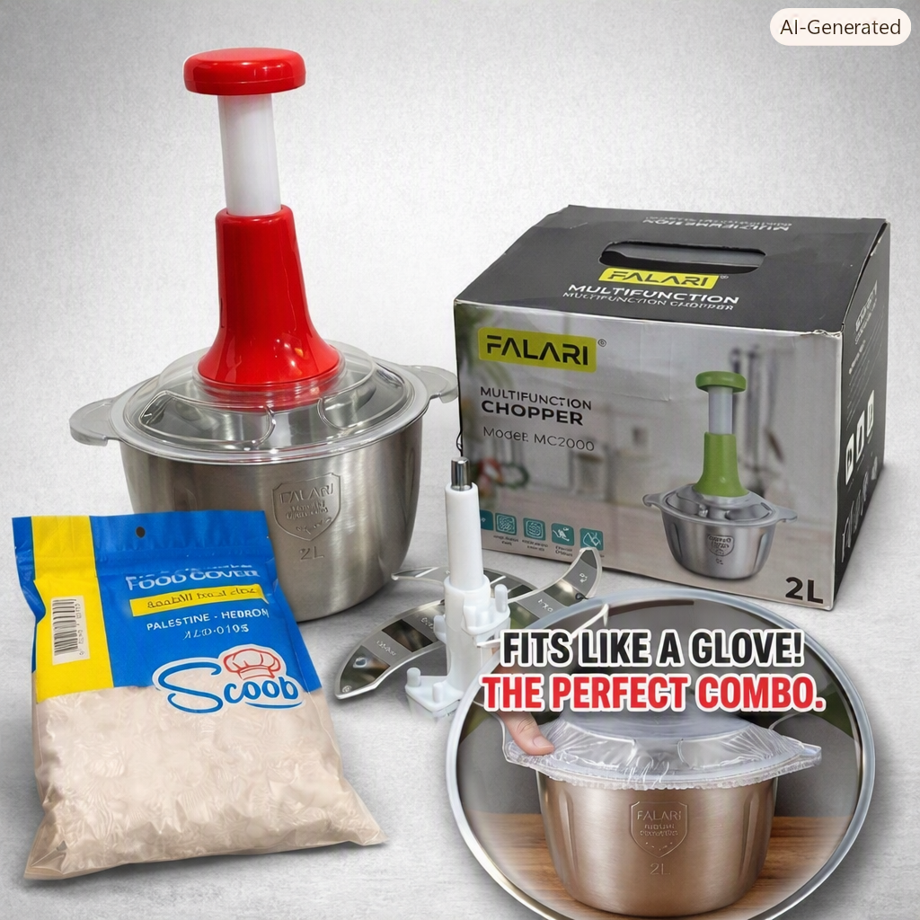 Kitchen Fresh Prep Combo Deal – 2L Manual Hand Press Vegetable Chopper, Meat Mincer & 100 Elastic Stretchable Food Covers